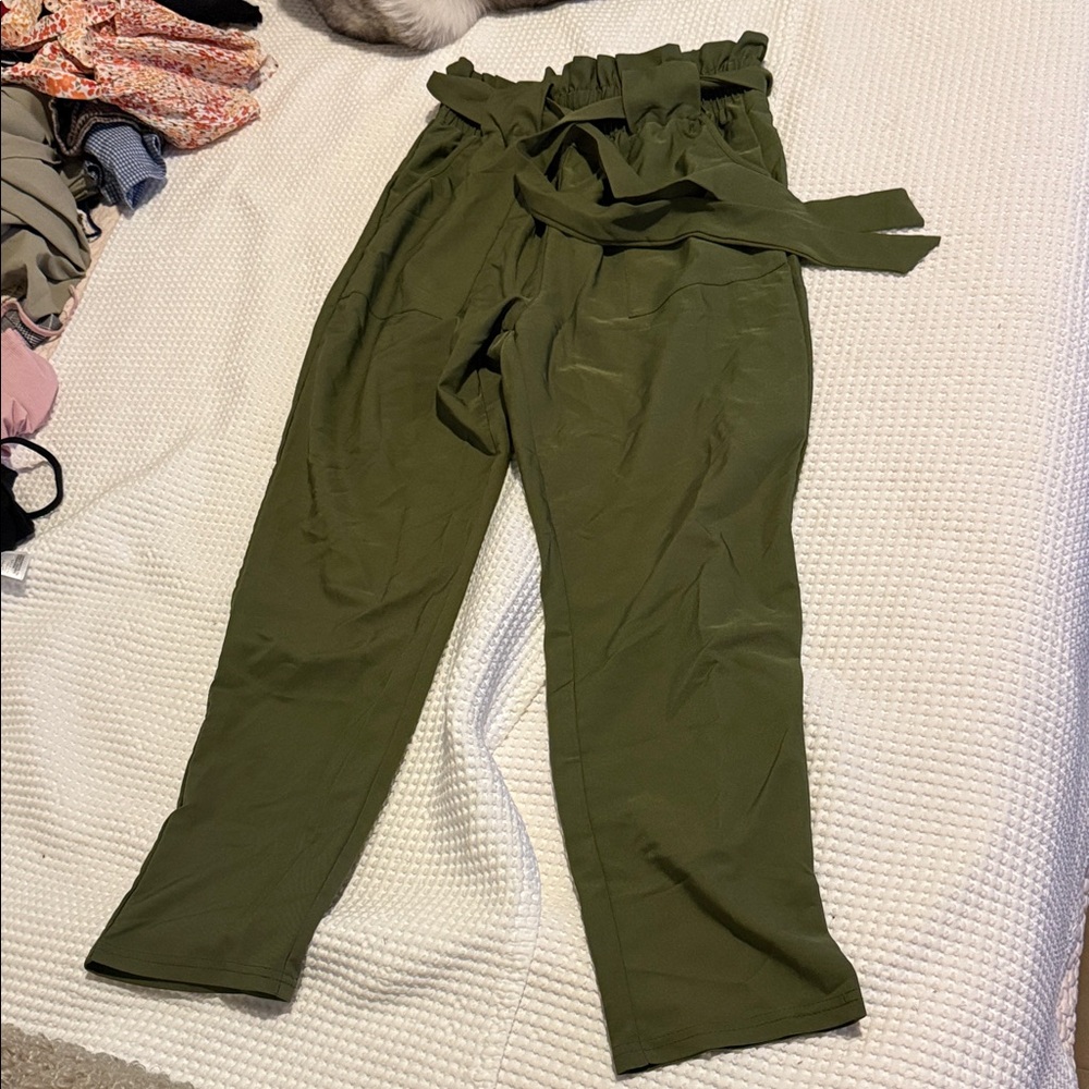 Stylish Olive Green Paperbag Waist Trousers